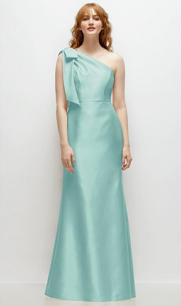 Front View - Coastal Bow One-Shoulder Satin Trumpet Gown