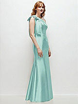 Rear View Thumbnail - Coastal Bow One-Shoulder Satin Trumpet Gown