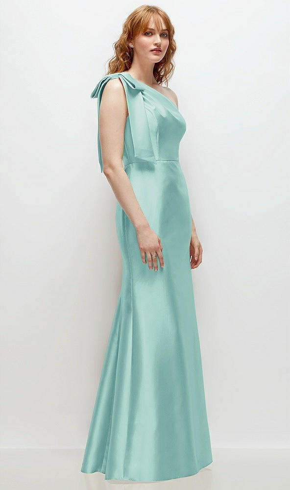 Back View - Coastal Bow One-Shoulder Satin Trumpet Gown