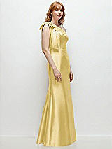 Rear View Thumbnail - Maize Bow One-Shoulder Satin Trumpet Gown