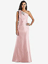 Alt View 1 Thumbnail - Ballet Pink Bow One-Shoulder Satin Trumpet Gown