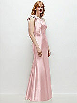 Rear View Thumbnail - Ballet Pink Bow One-Shoulder Satin Trumpet Gown