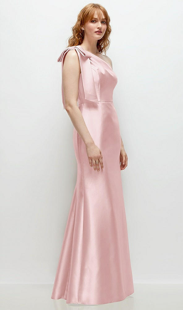 Back View - Ballet Pink Bow One-Shoulder Satin Trumpet Gown