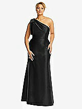 Alt View 4 Thumbnail - Black Bow One-Shoulder Satin Trumpet Gown