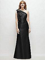 Front View Thumbnail - Black Bow One-Shoulder Satin Trumpet Gown