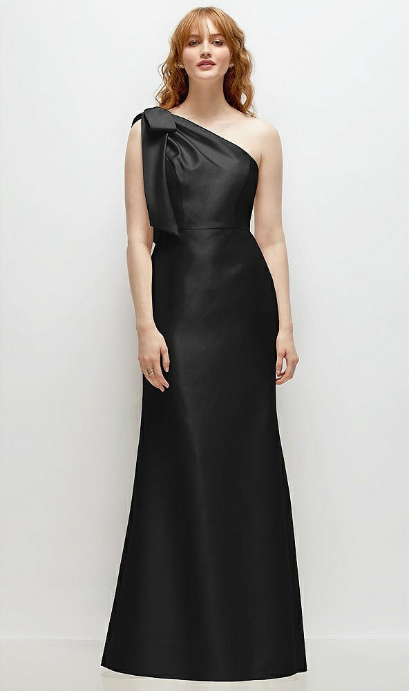 Front View - Black Bow One-Shoulder Satin Trumpet Gown