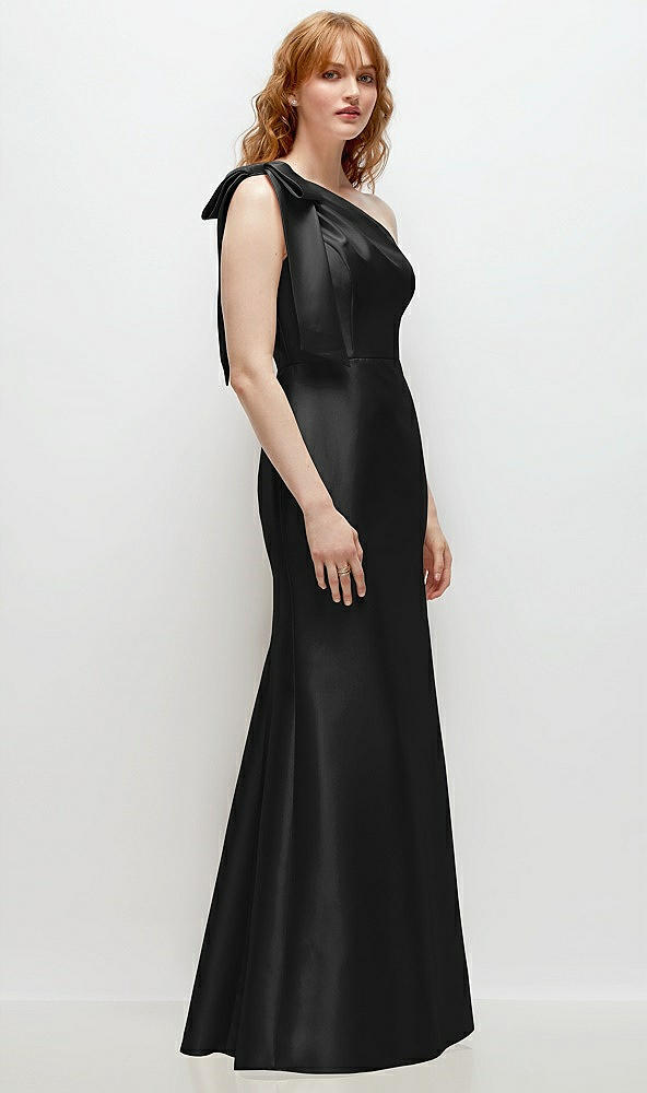 Back View - Black Bow One-Shoulder Satin Trumpet Gown