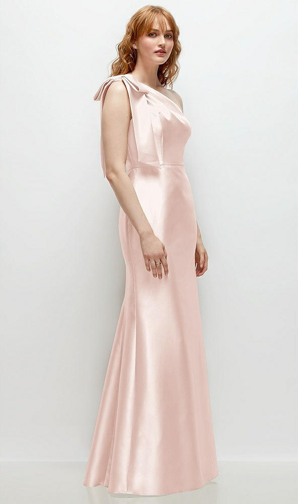 Back View - Blush Bow One-Shoulder Satin Trumpet Gown