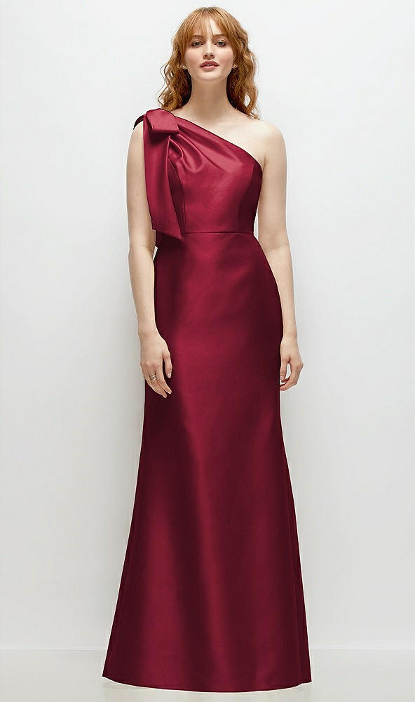 Front View - Burgundy Bow One-Shoulder Satin Trumpet Gown