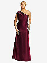 Alt View 4 Thumbnail - Cabernet Bow One-Shoulder Satin Trumpet Gown