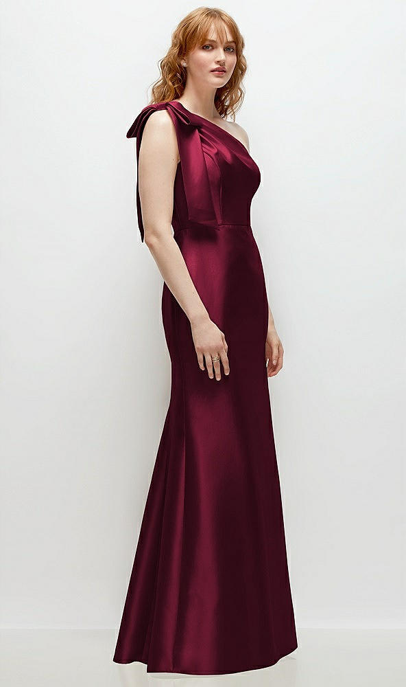 Back View - Cabernet Bow One-Shoulder Satin Trumpet Gown