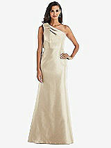 Alt View 1 Thumbnail - Champagne Bow One-Shoulder Satin Trumpet Gown