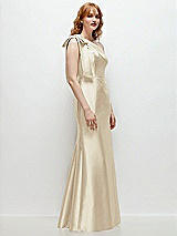 Rear View Thumbnail - Champagne Bow One-Shoulder Satin Trumpet Gown