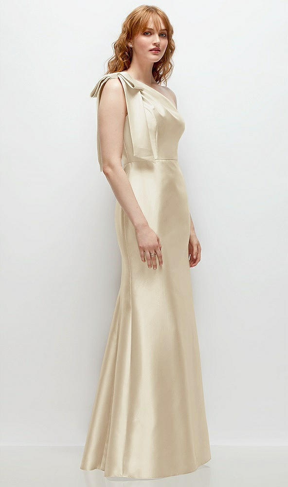 Back View - Champagne Bow One-Shoulder Satin Trumpet Gown