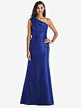 Alt View 1 Thumbnail - Cobalt Blue Bow One-Shoulder Satin Trumpet Gown