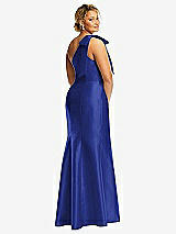 Alt View 6 Thumbnail - Cobalt Blue Bow One-Shoulder Satin Trumpet Gown