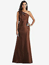 Alt View 1 Thumbnail - Cognac Bow One-Shoulder Satin Trumpet Gown