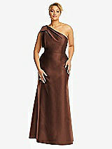 Alt View 4 Thumbnail - Cognac Bow One-Shoulder Satin Trumpet Gown