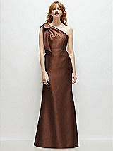 Front View Thumbnail - Cognac Bow One-Shoulder Satin Trumpet Gown