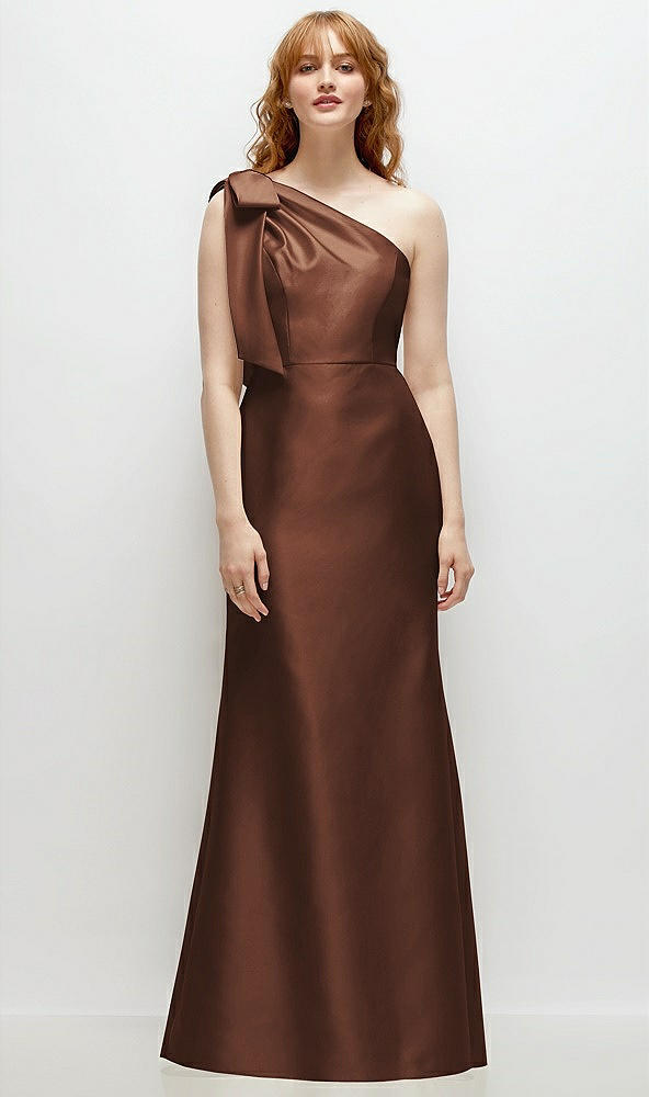 Front View - Cognac Bow One-Shoulder Satin Trumpet Gown