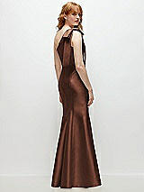 Side View Thumbnail - Cognac Bow One-Shoulder Satin Trumpet Gown