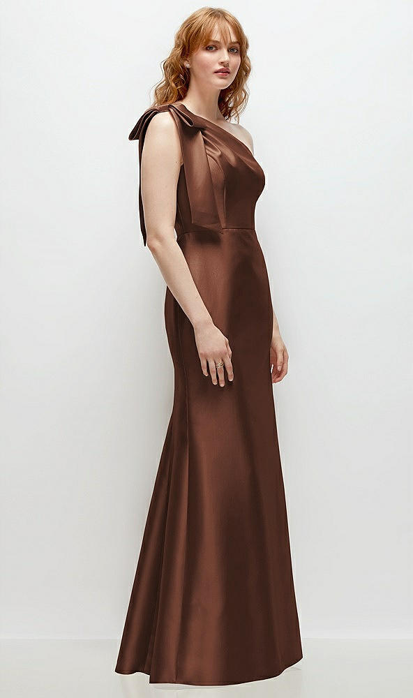 Back View - Cognac Bow One-Shoulder Satin Trumpet Gown