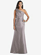 Alt View 1 Thumbnail - Cashmere Gray Bow One-Shoulder Satin Trumpet Gown