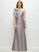 Front View Thumbnail - Cashmere Gray Bow One-Shoulder Satin Trumpet Gown