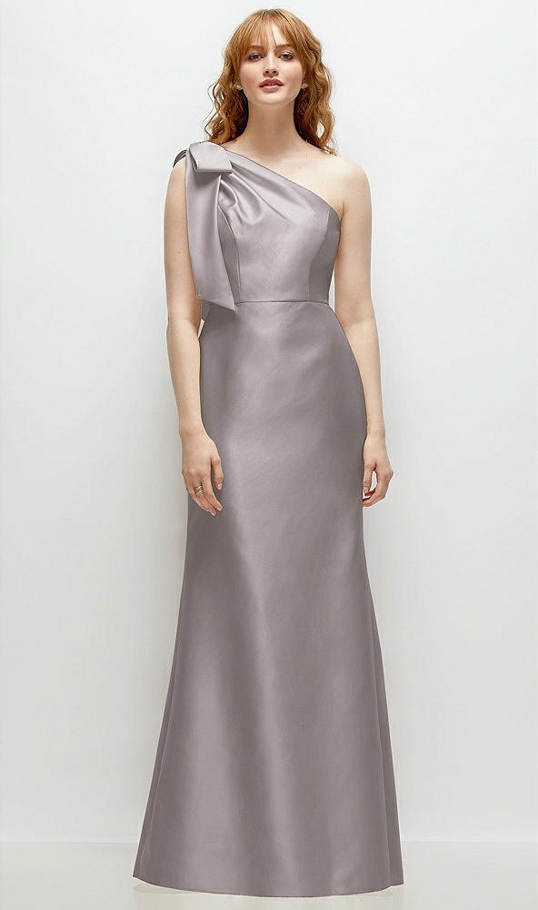 Front View - Cashmere Gray Bow One-Shoulder Satin Trumpet Gown