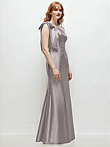 Rear View Thumbnail - Cashmere Gray Bow One-Shoulder Satin Trumpet Gown