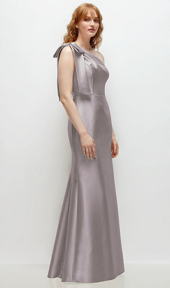 Back View - Cashmere Gray Bow One-Shoulder Satin Trumpet Gown