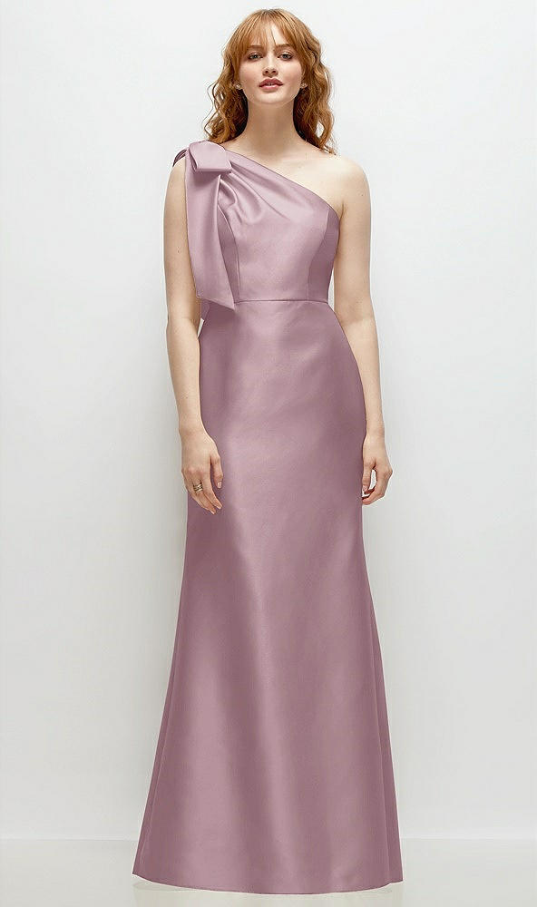 Front View - Dusty Rose Bow One-Shoulder Satin Trumpet Gown