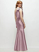 Side View Thumbnail - Dusty Rose Bow One-Shoulder Satin Trumpet Gown