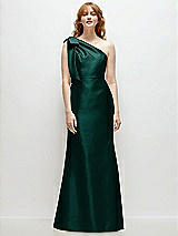 Front View Thumbnail - Evergreen Bow One-Shoulder Satin Trumpet Gown