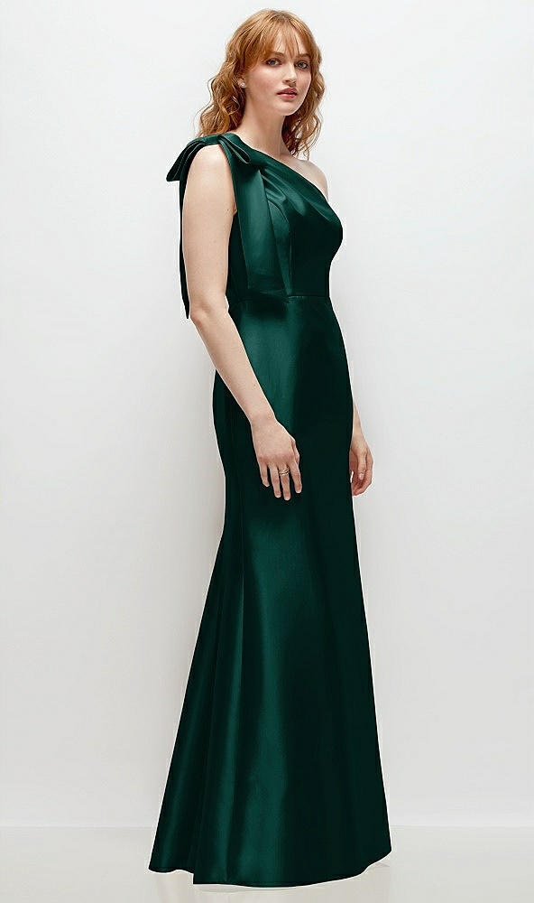 Back View - Evergreen Bow One-Shoulder Satin Trumpet Gown