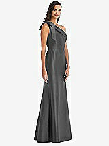 Alt View 3 Thumbnail - Gunmetal Bow One-Shoulder Satin Trumpet Gown