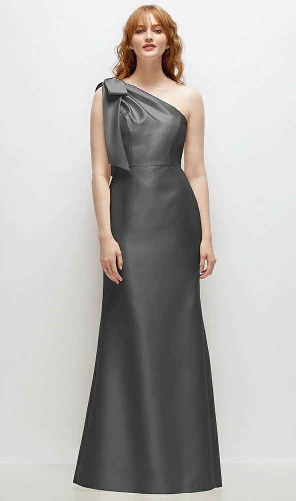 Front View - Gunmetal Bow One-Shoulder Satin Trumpet Gown