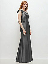 Rear View Thumbnail - Gunmetal Bow One-Shoulder Satin Trumpet Gown