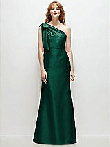 Front View Thumbnail - Hunter Green Bow One-Shoulder Satin Trumpet Gown