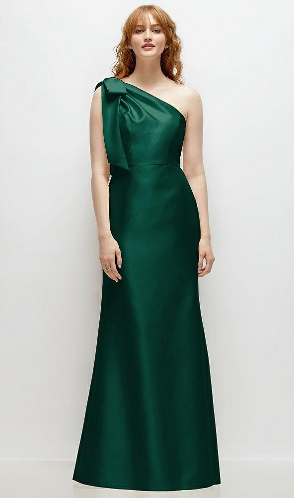 Front View - Hunter Green Bow One-Shoulder Satin Trumpet Gown