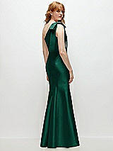 Side View Thumbnail - Hunter Green Bow One-Shoulder Satin Trumpet Gown