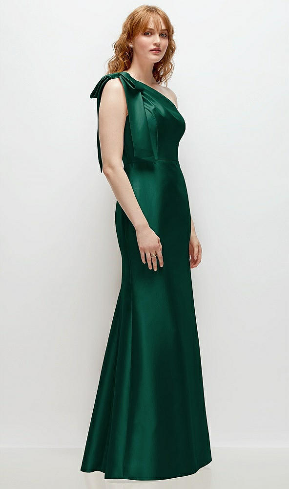 Back View - Hunter Green Bow One-Shoulder Satin Trumpet Gown