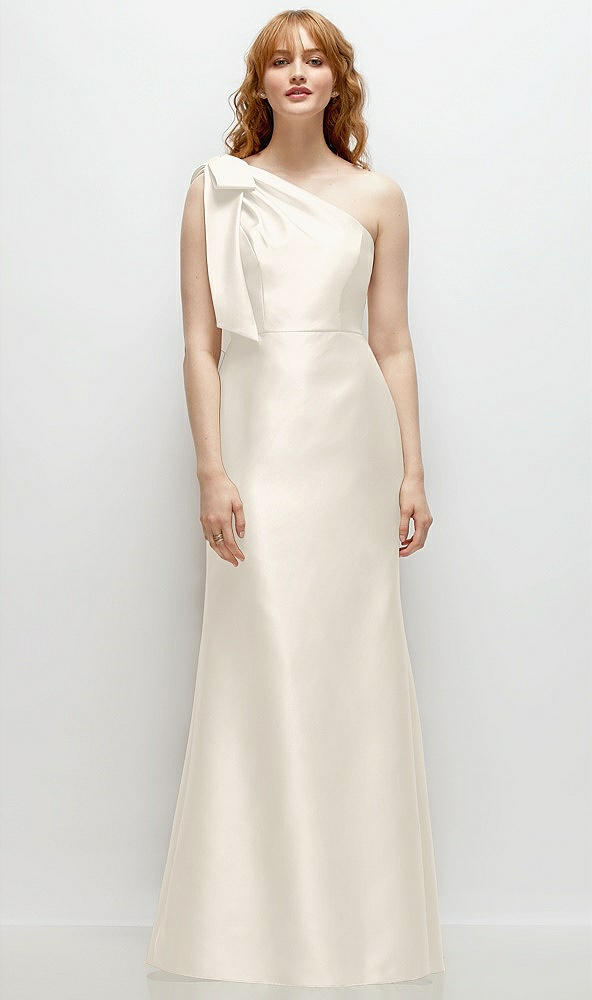 Front View - Ivory Bow One-Shoulder Satin Trumpet Gown