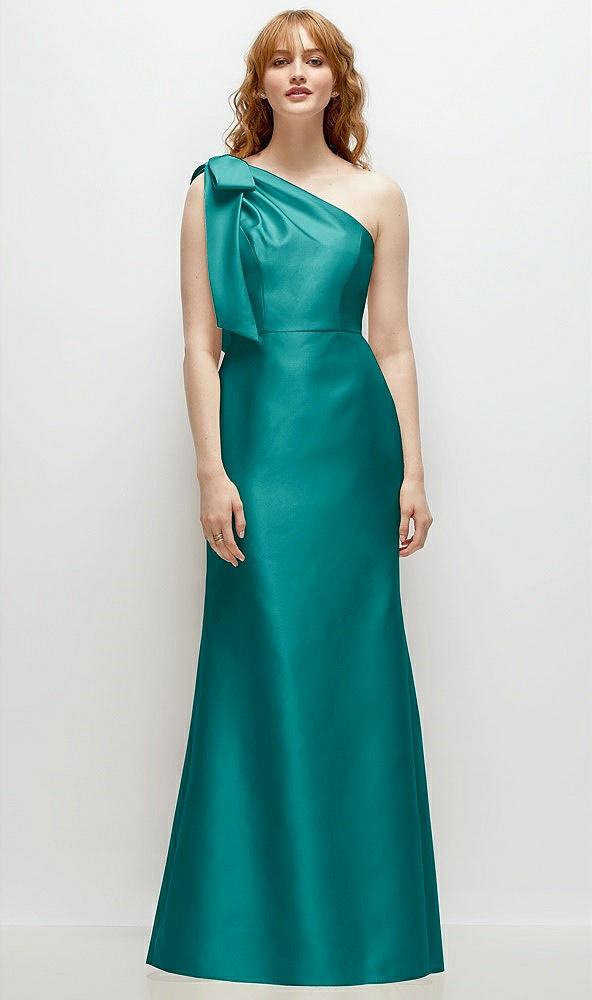 Front View - Jade Bow One-Shoulder Satin Trumpet Gown