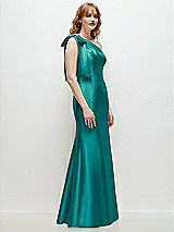 Rear View Thumbnail - Jade Bow One-Shoulder Satin Trumpet Gown