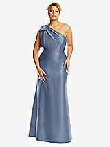 Alt View 4 Thumbnail - Larkspur Blue Bow One-Shoulder Satin Trumpet Gown