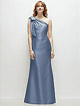 Front View Thumbnail - Larkspur Blue Bow One-Shoulder Satin Trumpet Gown