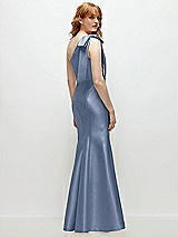 Side View Thumbnail - Larkspur Blue Bow One-Shoulder Satin Trumpet Gown