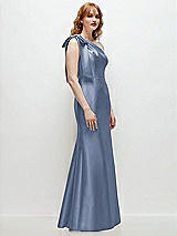 Rear View Thumbnail - Larkspur Blue Bow One-Shoulder Satin Trumpet Gown