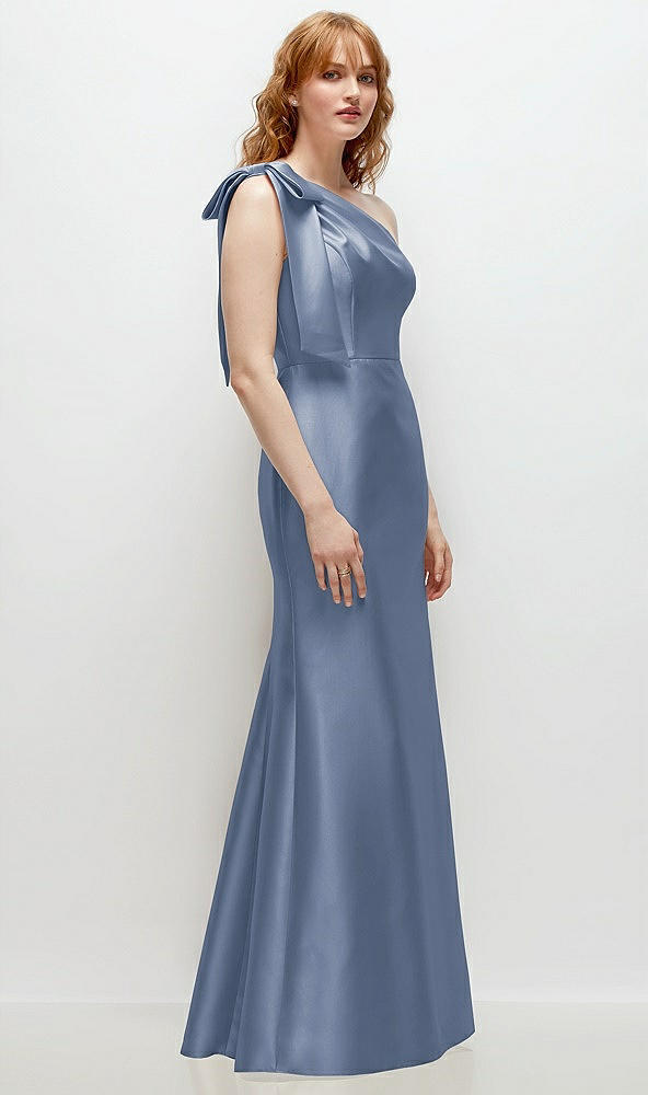 Back View - Larkspur Blue Bow One-Shoulder Satin Trumpet Gown